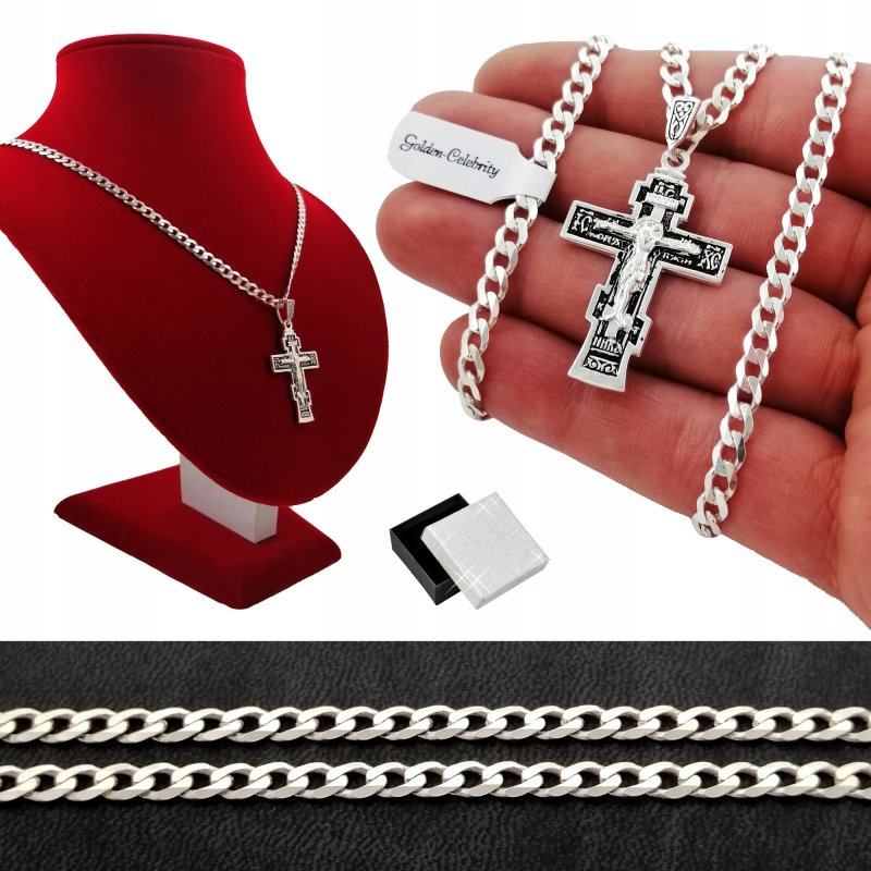 SREBRNY MĘSKI ŁAŃCUSZEK + KRZYŻYK PRAWOSŁAWNY 925 NA 30 40 50 60 URODZINY