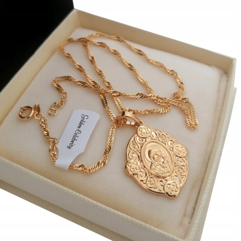 ZŁOTY ŁAŃCUSZEK SINGAPUR + MEDALIK MATKA BOSKA 18K NA 30 40 50 60 URODZINY