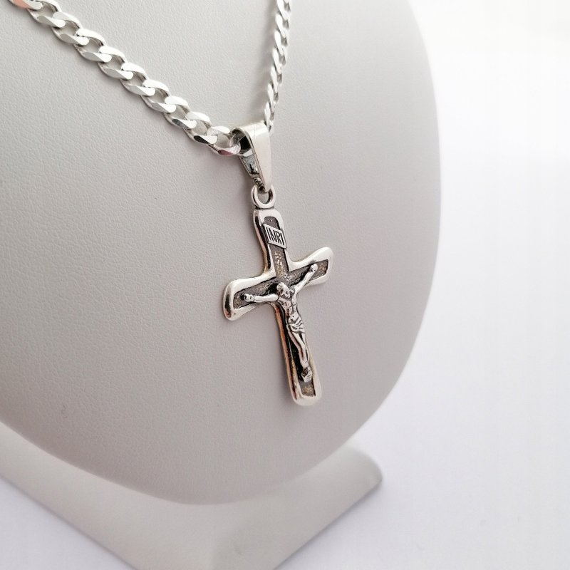 ELEGANCKI MĘSKI ŁAŃCUSZEK SREBRNY+KRZYŻ 925 GRAWER
