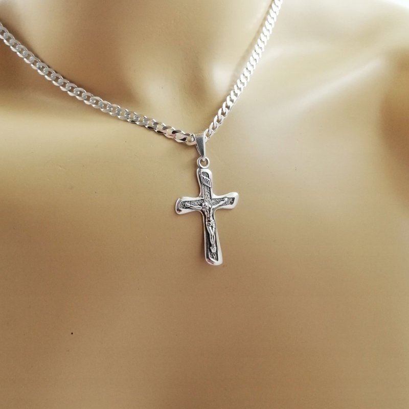 ELEGANCKI MĘSKI ŁAŃCUSZEK SREBRNY+KRZYŻ 925 GRAWER
