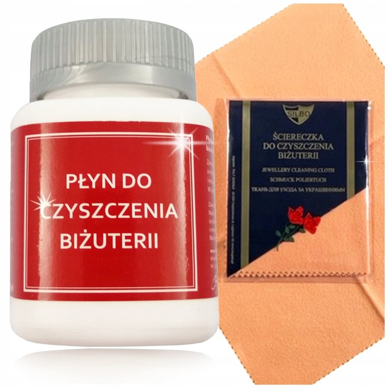 ZESTAW DO CZYSZCZENIA BIŻUTERII SREBRNEJ I ZŁOTEJ PŁYN + DUŻA ŚCIERECZKA