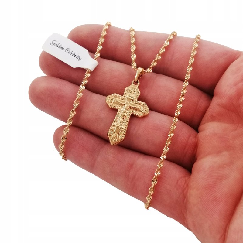 ZŁOTY ŁAŃCUSZEK SINGAPUR+KRZYŻYK Z CYRKONIAMI 35CM