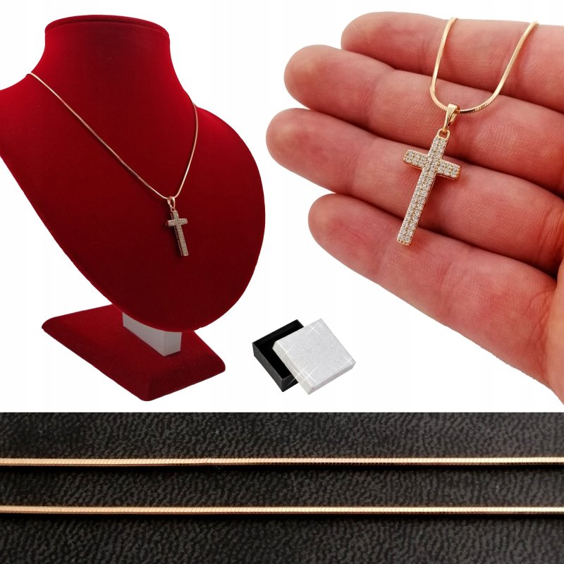 ZŁOTY ŁAŃCUSZEK ŻMIJKA+KRZYŻYK CYRKONIE 18K 60CM