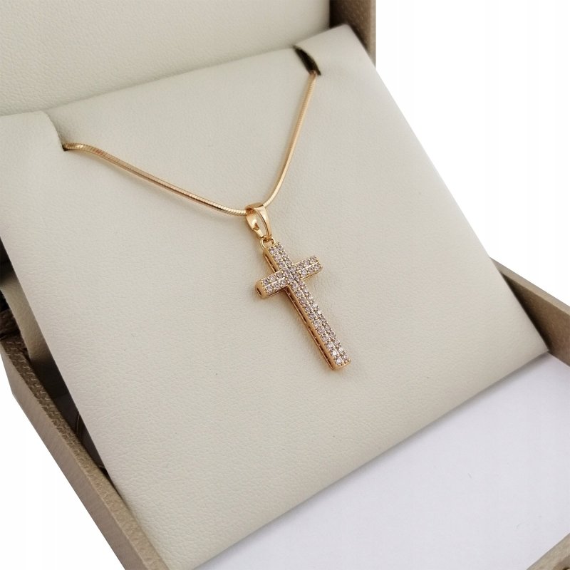 ZŁOTY ŁAŃCUSZEK ŻMIJKA+KRZYŻYK CYRKONIE 18K 60CM