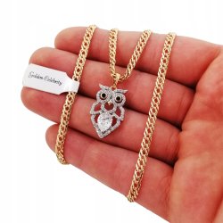ZŁOTY ŁAŃCUSZEK ROMBO + SOWA Z KRYSZTAŁKAMI 18K