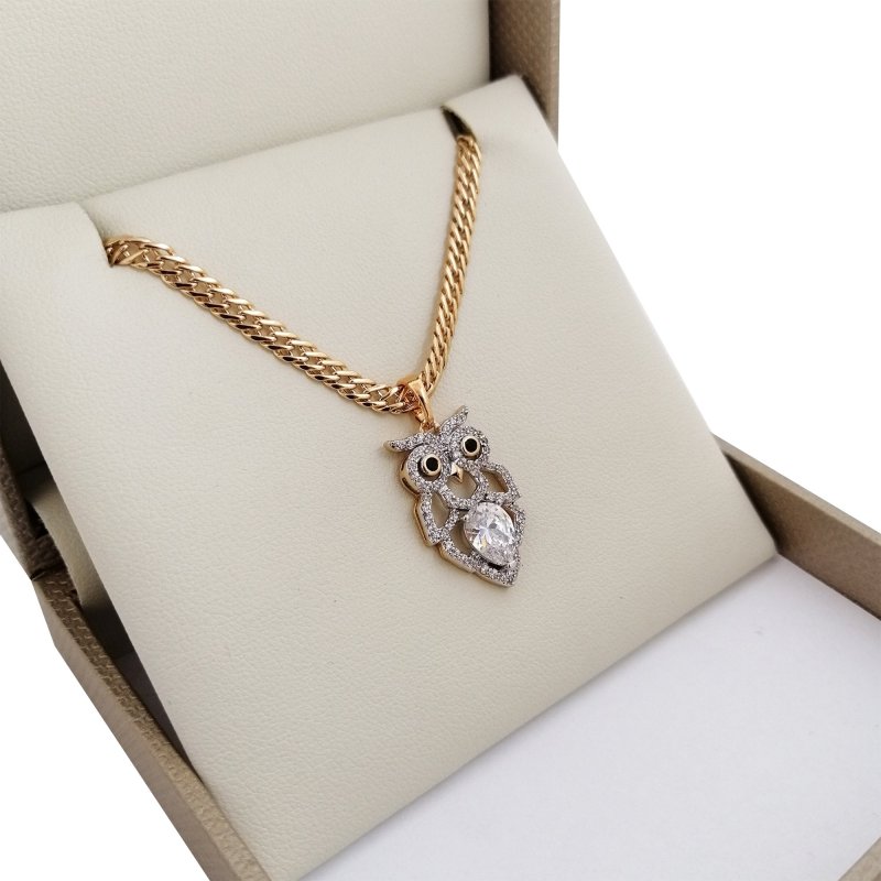 ZŁOTY ŁAŃCUSZEK ROMBO + SOWA Z KRYSZTAŁKAMI 18K