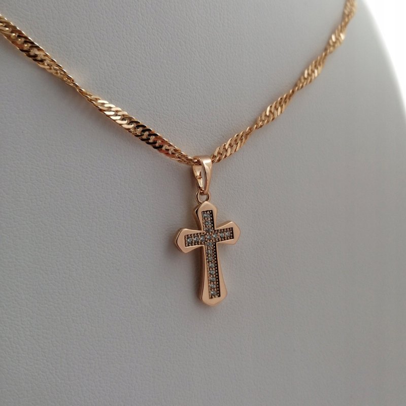 ZŁOTY NASZYJNIK DAMSKI 45CM KRZYŻYK KRYSZTAŁKI 18K