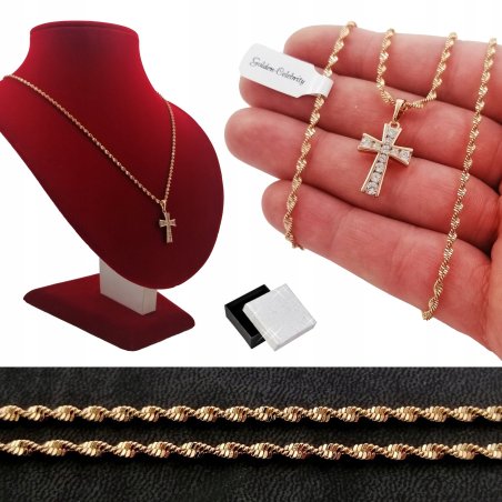 ZŁOTY NASZYJNIK SINGAPUR +KRZYŻYK Z CYRKONIAMI 60CM PREZENT NA URODZINY 18K