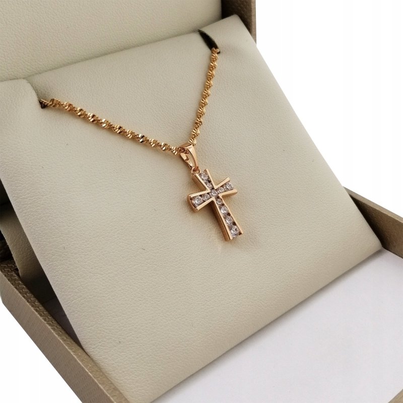 ZŁOTY NASZYJNIK SINGAPUR +KRZYŻYK Z CYRKONIAMI 60CM PREZENT NA URODZINY 18K