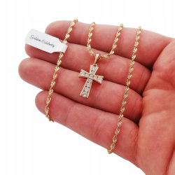 ZŁOTY NASZYJNIK SINGAPUR +KRZYŻYK Z CYRKONIAMI 60CM PREZENT NA URODZINY 18K